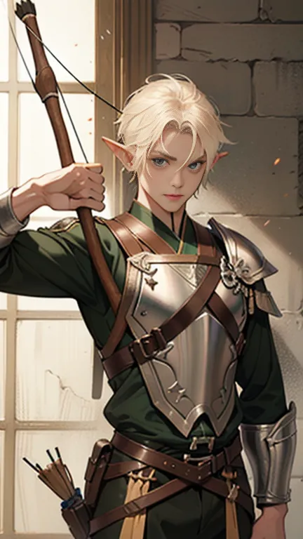 male elf, beautiful,asiatic, short hair, cute, pointed ears, wood elf, archer, draw the bow, draw the bow, archery, action pose,...