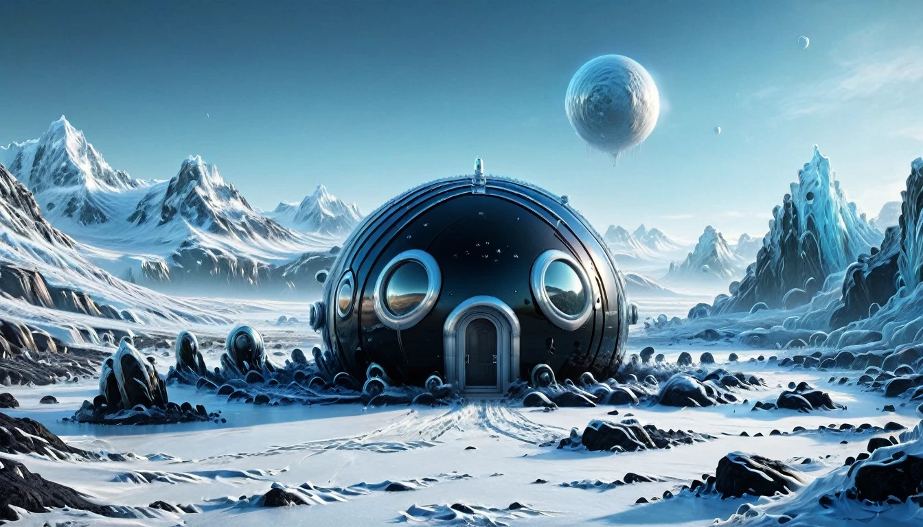 ((ALIEN PLANET, ALIEN COLONY WITH BUNKER-TYPE HOUSING)), hyper realistic image in very high definition (4k) of a frozen landscape on an alien planet. The environment must be completely covered with ice and snow, without liquid water, with intricate black rocks. It&#39;s a frozen, frozen desert. Include some futuristic alien constructions and buildings such as extraterrestrial colonies.. The scene must also show parked alien spaceships. In the landscape, You can see some humanoids with polar clothing, being part of an important population. The sky is gray, stormy and tempestuous, with wind visible on the scene. Lighting should be cinematic style, highlighting the realism and details of the image.
