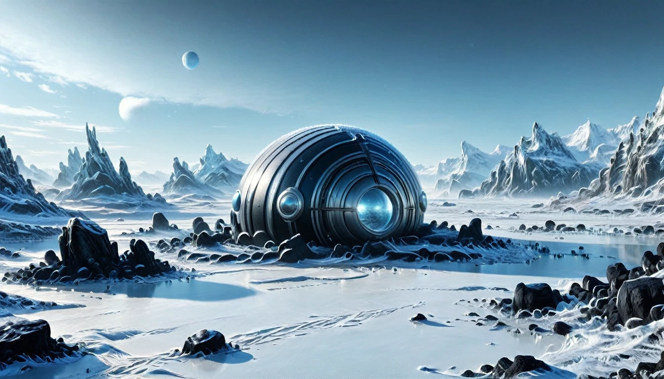 ((ALIEN PLANET, ALIEN COLONY WITH BUNKER-TYPE HOUSING)), hyper realistic image in very high definition (4k) of a frozen landscape on an alien planet. The environment must be completely covered with ice and snow, without liquid water, with intricate black rocks. It&#39;s a frozen, frozen desert. Include some futuristic alien constructions and buildings such as extraterrestrial colonies.. The scene must also show parked alien spaceships. In the landscape, You can see some humanoids with polar clothing, being part of an important population. The sky is gray, stormy and tempestuous, with wind visible on the scene. Lighting should be cinematic style, highlighting the realism and details of the image.
