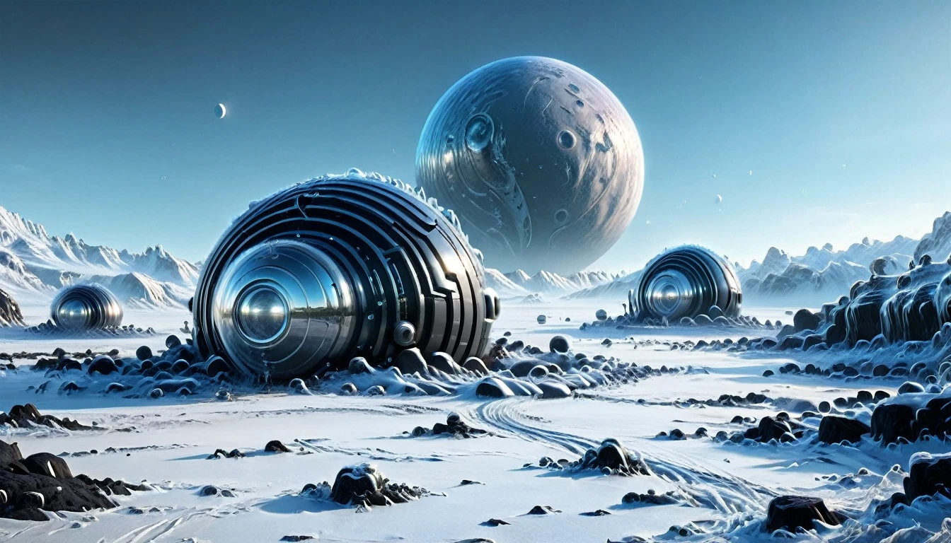 ((ALIEN PLANET, ALIEN COLONY WITH BUNKER-TYPE HOUSING)), hyper realistic image in very high definition (4k) of a frozen landscape on an alien planet. The environment must be completely covered with ice and snow, without liquid water, with intricate black rocks. It&#39;s a frozen, frozen desert. Include some futuristic alien constructions and buildings such as extraterrestrial colonies.. The scene must also show parked alien spaceships. In the landscape, You can see some humanoids with polar clothing, being part of an important population. The sky is gray, stormy and tempestuous, with wind visible on the scene. Lighting should be cinematic style, highlighting the realism and details of the image.
