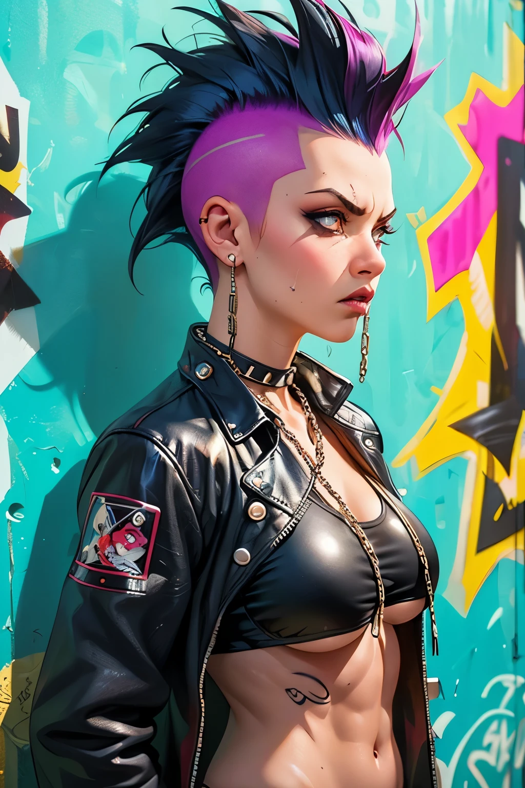 (Artwork, best quality:1.2), 1 girl , ((side view)) , cinematic, comic style, intrincately detailed, "Punk Girl", in dynamic sensual pose, sexy, hot,  ((spiky mohawk hair, Black punk hair, angry face, wearing a black jacket, chains, Rocket style, tattooed girl , hot body, abs, bikini boobs) . (((Realistic skin, skin Textures, glowing skin, detailed eyes, realistic eyes))), Shallow depth of field, vignette, highy detailed, high budget, bokeh, cinemascope, temperamental, epic, marvelous, film grain, grainy. ((Abandoned Graffiti Wall Background, garbage,  cinematic lighting )).