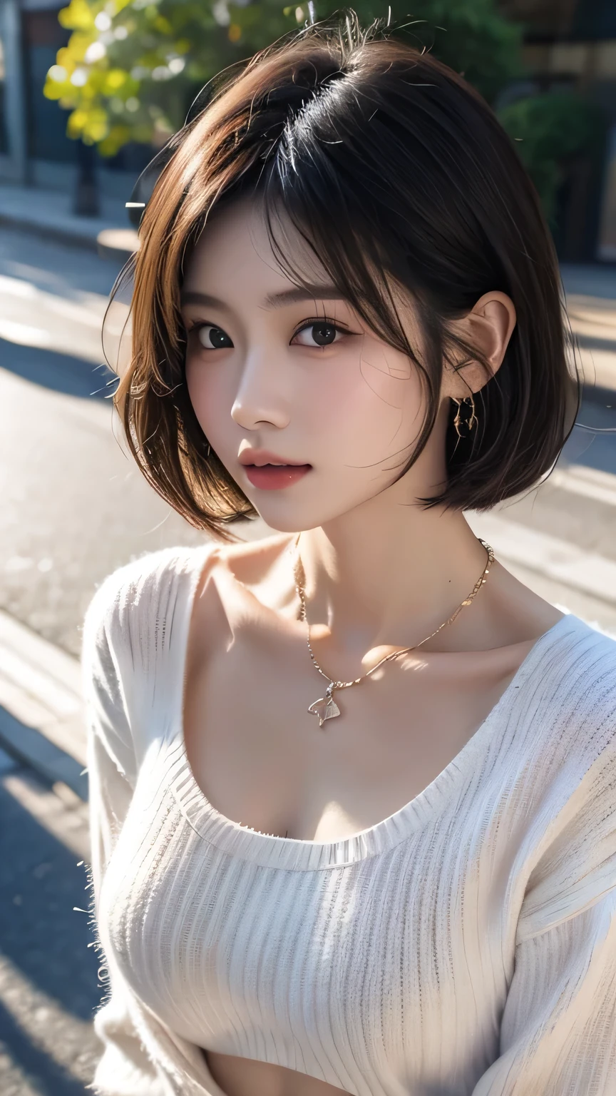 (Highest quality, 8k, 32K, masterpiece, Ultra-high resolution:1.2),Beautiful Japanese Women Photos, Large Breasts, Short Bob Hair,Upper Body,Face Focus,Extra Large_sweater, necklace, Outdoor Background, From above, View your viewers,