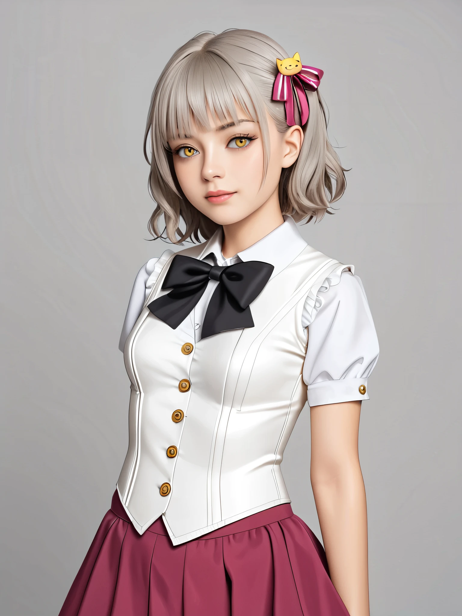 score_9,score_8_up,score_7_up, Girls, gray-haired, short-haired, yellow-eyed, small breasts, cat hair ornament, sidelocks, gray-haired, shiny hair, uniform,, (two long triangular extensions on the skirt, vest corset on the stomach), white buttons of the vest corset, (stripped shirt with short sleeves under the vest corset), (sleeves ends closer to the arms), (thick ribbon of black color on the neck), ( short magenta skirt),