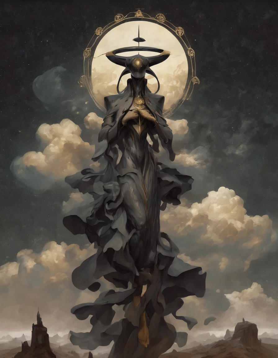 highly detailed, 8k, masterpiece, clouds, night sky, abstract, the god maker of dreams, surrounded by black dust particles, (black moon), male, (black mountains), dust, falling sand, waterfalls, night, abstract, alchemic symbols, occult, esoteric, dark fantasy, horror, sadness, decay, oil painting by peter mohrbacher, Alphonse Mucha