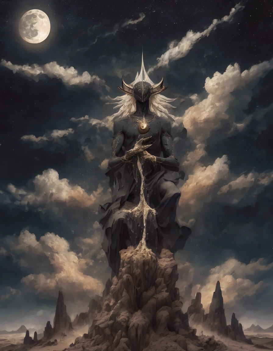 highly detailed, 8k, masterpiece, clouds, night sky, abstract, spikes, the dreamer god of the void holding the moon in his hand, male, black mountains, dust, ruins in the moon, falling sand, waterfalls, night, abstract, alchemic symbols, occult