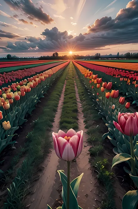 Tulip field on a beautiful sunset with clouds 