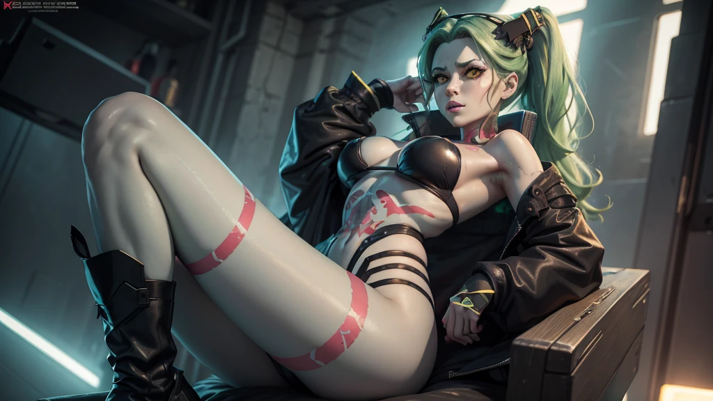 A striking image of a young very busty Rebecca, firm round ass, smooth hips, sexy long legs, great complexion, beautiful face, detailed eyes, the iconic anime character. She has long, green hair styled in loose waves and is wearing a revealing red very small string bikini and a bat symbol on the front. Her outfit includes thigh-high black boots. The lighting is bright and natural, highlighting the bold colors and details of her costume, as well as her confident and alluring expression. Art Styles: Cosplay Photography Realism Artists Referenced: Revy black lagoon Categories: Cosplay anime characters Elegant detailed luxury, neon lights, The artwork is rendered in an edgy and realistic style, with high attention to detail and sharp focus. The colors are vivid and contrasted, with a slight desaturation to create a moody atmosphere. shadowy highlights enhancing the overall composition. The medium used is a digital illustration, with a touch of photo-realistic elements to add depth and texture to the image. The final result is a masterpiece in ultra-high resolution,