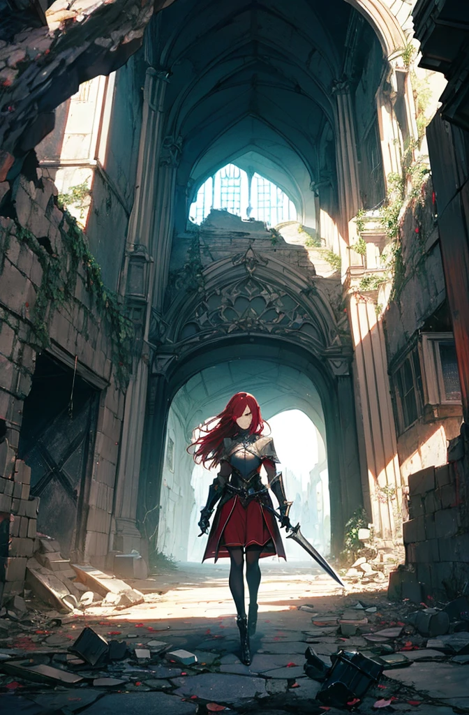 4k,hight resolution,One Woman,Bright red hair,Longhaire,red eyes,knights,white sacred armor,jewel decorations,Big sword,medieval town,furious,((dark cave,ruin place)),