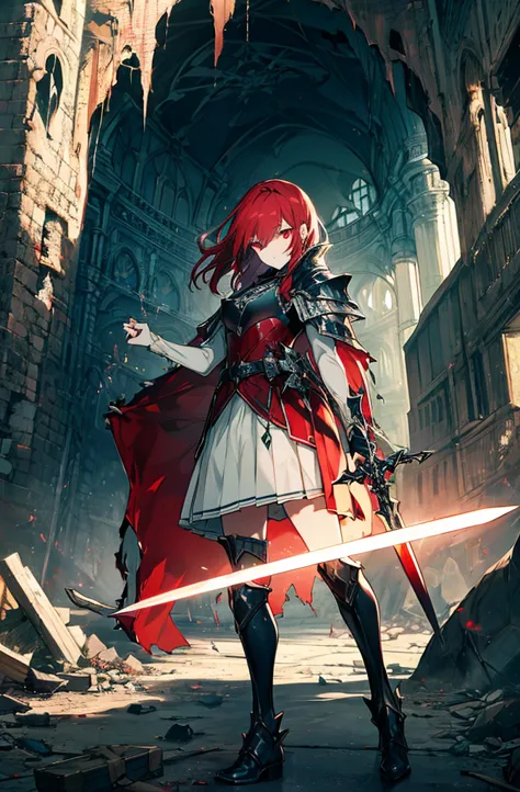 4k,hight resolution,one woman,bright red hair,longhaire,red eyes,knights,white sacred armor,jewel decorations,big sword,medieval...