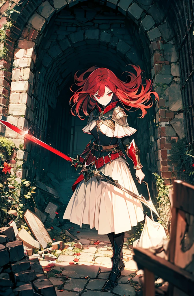 4k,hight resolution,One Woman,Bright red hair,Longhaire,red eyes,knights,white sacred armor,jewel decorations,Big sword,medieval town,furious,((dark cave,ruin place)),