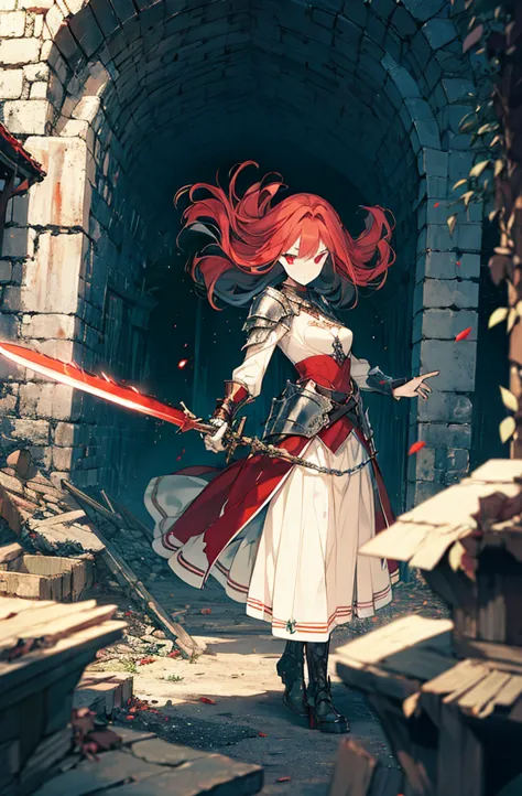 4k,hight resolution,one woman,bright red hair,longhaire,red eyes,knights,white sacred armor,jewel decorations,big sword,medieval...