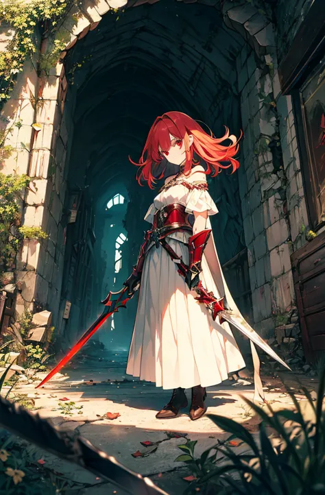 4k,hight resolution,one woman,bright red hair,longhaire,red eyes,knights,white sacred armor,jewel decorations,big sword,medieval...