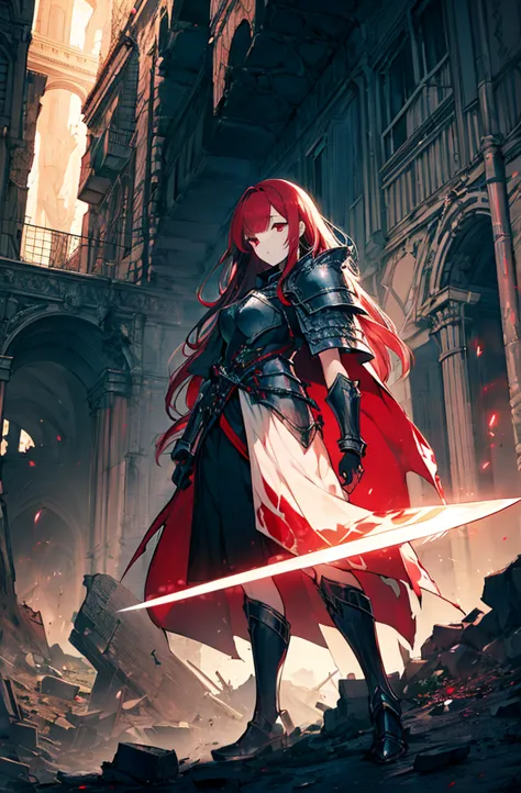 4k,hight resolution,one woman,bright red hair,longhaire,red eyes,knights,white sacred armor,jewel decorations,big sword,medieval...