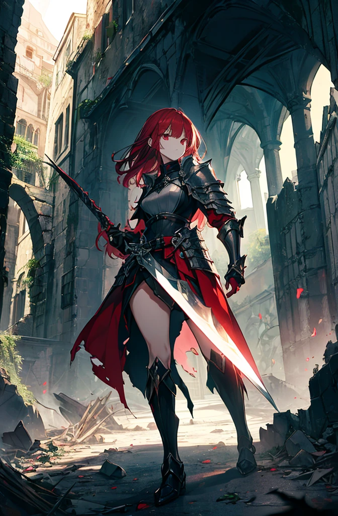 4k,hight resolution,One Woman,Bright red hair,Longhaire,red eyes,knights,white sacred armor,jewel decorations,Big sword,medieval town,furious,((dark cave,ruin place)),