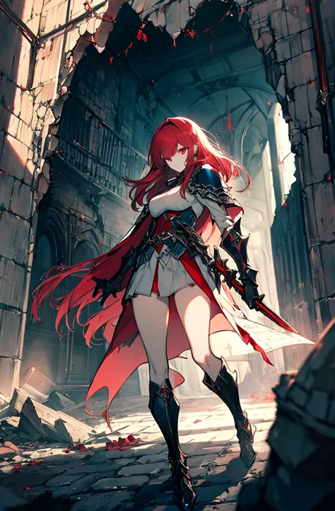 4k,hight resolution,one woman,bright red hair,longhaire,red eyes,knights,white sacred armor,jewel decorations,big sword,medieval...