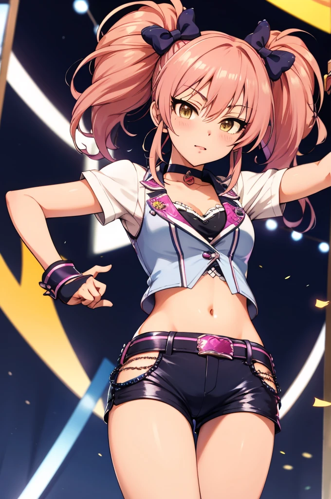 masterpiece, best quality, highres, aamika, twintails, hair bow, idol clothes, choker, vest, wrist cuffs,, midriff, shorts