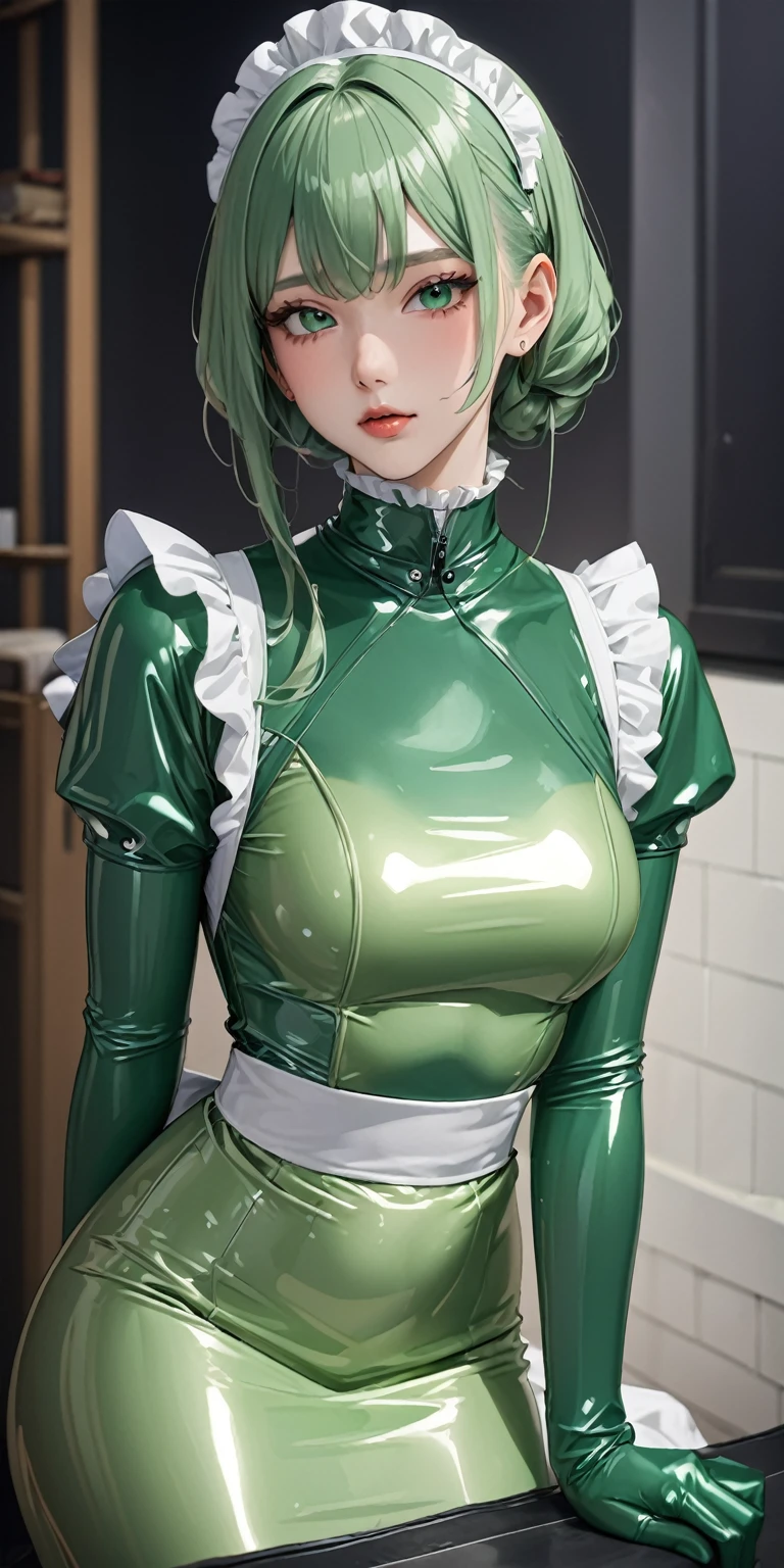 Portraiture、(masterpiece,Highest quality,Ultra-high resolution),Japanese men, (((Very beautiful 25 year old boy ))),(Pale green latex maid outfit)、(Pale green latex long skirt)、(A long-sleeved latex shirt that covers the upper body)、Pale green latex gloves、Pale green latex socks、Pale green latex bodysuit、Frills、Pale green latex apron that fits snugly from the chest down、Latex is very shiny、Dark Room、