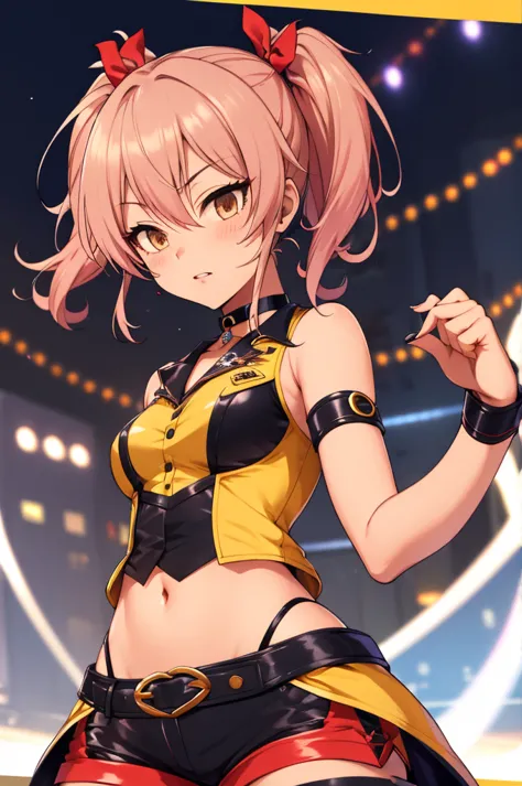 masterpiece, best quality, highres, aamika, twintails, hair bow, idol clothes, choker, vest, wrist cuffs,, midriff, shorts