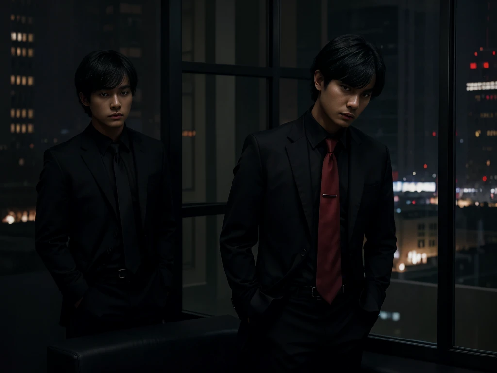 Photorealistic, dark vibes, solo, 1 young male, looking at viewer, east Asian, 27 years, model, bowl cut wavy black hair, side swept bangs, (black suit with red tie:1.1), dark lighting, foreboding, standing in luxury office, (city background from window:1.1)