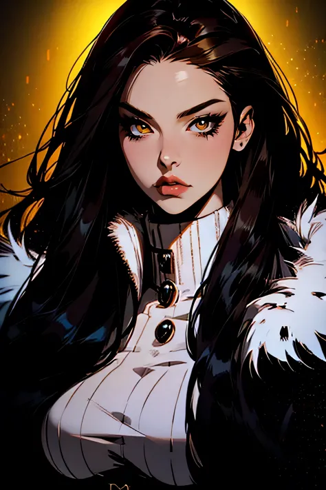 hyper-realistic of a mysterious woman with flowing dark hair, piercing yellow eyes, upper body, snown background, fur coat