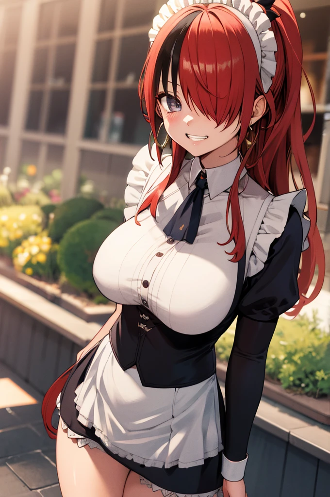 masterpiece, best quality, highres, hmlain, long hair, , ponytail, streaked hair, hair over one eye,, , hair over one eye, earrings, huge breasts,(((maid costume))),outdoor,looking viewer,cowboy shot,grin,bare legs,apron,sleeveless