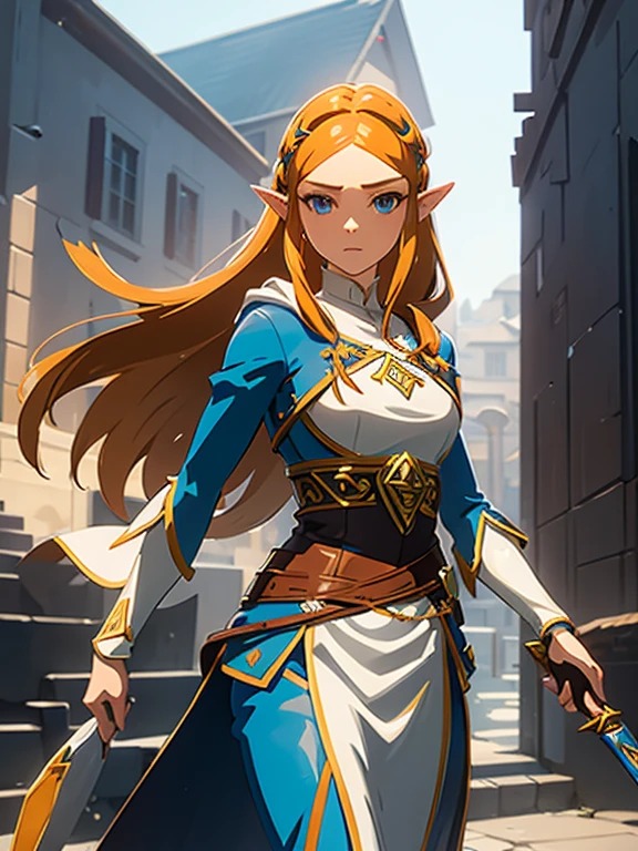 A full-length photo of Princess Zelda, chestnut hair, blue colored eyes, dressed as an Assassin from Assassins Creed, blank+gold with white mask and hood with gold details, XL Bust, using a wrist blade. fund: A city during the Renaissance period. unreal motor 5, アニメ, anime styling, work of art, well drawn eyes, nicely designed face, pretty detailed eyes, well-detailed face, 8k, Light and Shadow Effect.  