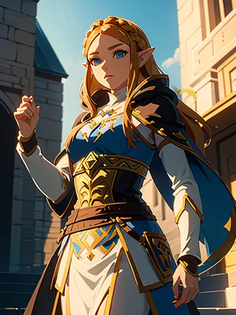 a full-length photo of princess zelda, chestnut hair, blue colored eyes, dressed as an assassin from assassins creed, blank+gold...