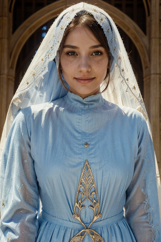 Woman, smile, brown eyes, no visible hair, no hair showing, freckles, veil, white veil, medieval veil, medieval dress, light blue medieval dress, modest dress, golden details,