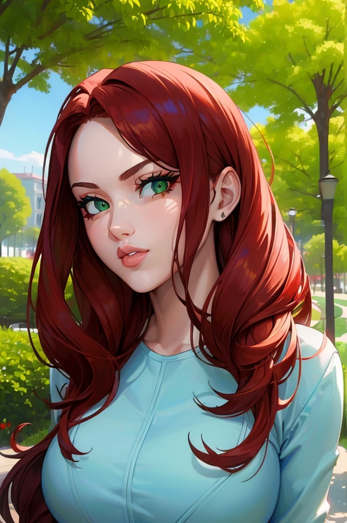 (((Beautiful face))), (((masterpiece face))), a medium shot of a charismatic young influencer girl, 30 years old, green eyes, fit body, with long red hair, captured in a park, profesional cinematographic camera, capturing natural light and shadow