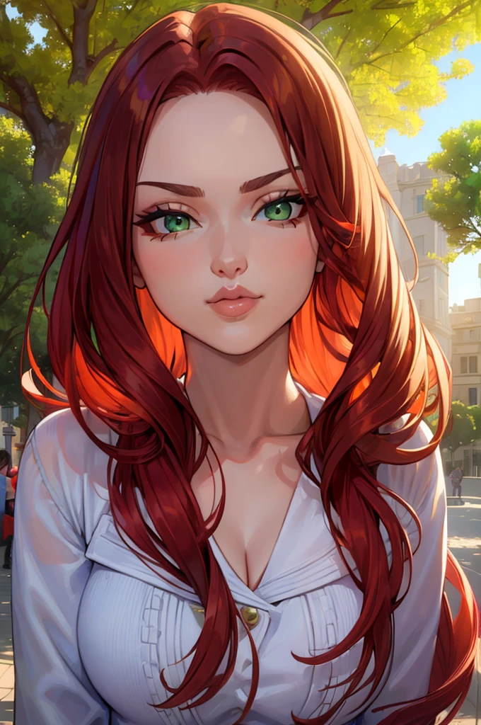 (((Beautiful face))), (((masterpiece face))), a medium shot of a charismatic young influencer girl, 30 years old, green eyes, fit body, with long red hair, captured in a park, profesional cinematographic camera, capturing natural light and shadow