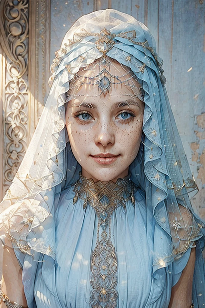 Woman, medieval woman, smile, brown eyes, bald, no visible hair, no hair showing, hair covered, hair completely covered, freckles, white headscarf, veil, white veil, medieval veil, medieval dress, light blue medieval dress, modest dress, golden details, rich, jewelry, 4K, 8K, masterpiece