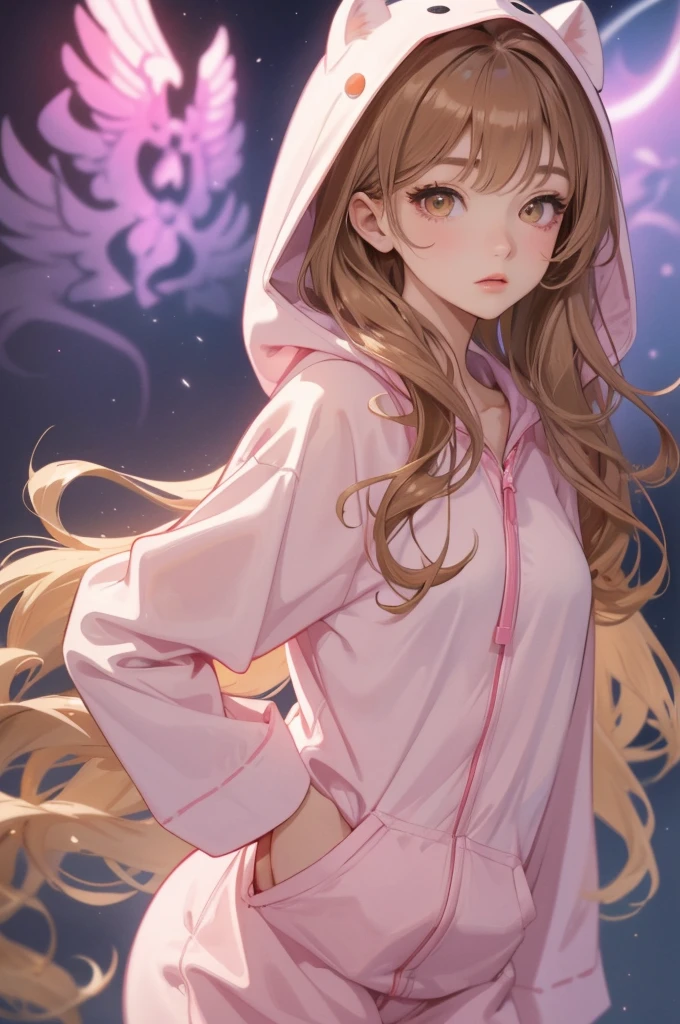 adult  woman, Age 22; long hair, pretty and pink, curly hair; (yellow eyes), angelic and beautiful face with flushed cheeks, rosto ultra detaild; (( wearing cute brown colored kigurumi pajamas with a hood )); best qualityer, ultra detaild, best resolution, 4K, soft strokes, role model, work of art, closes; dimly lit room in the background, focus on the character, blurry background 