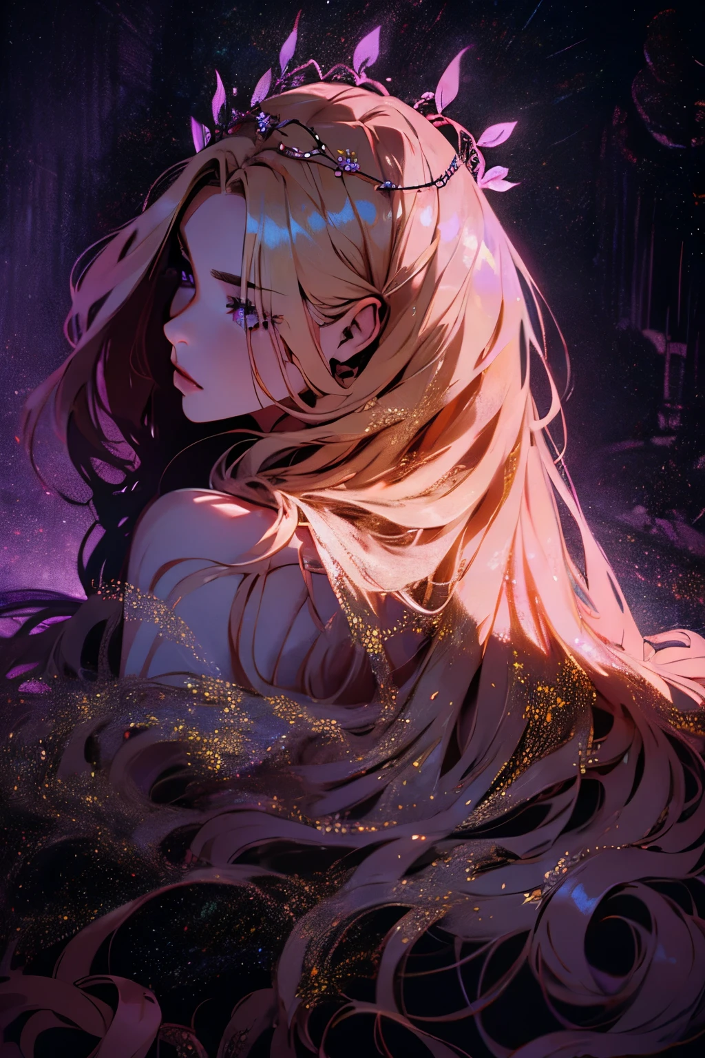 hyper-realistic image of a mysterious woman with flowing golden hair, piercing purple eyes, and a delicate floral crown, Back, olhando Back, trunk