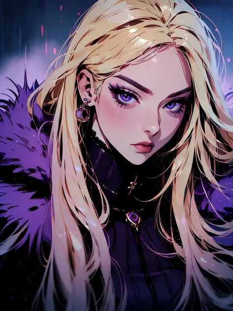 hyper-realistic of a mysterious woman with flowing blond and long hair, piercing purple eyes, upper body, snown background, fur ...