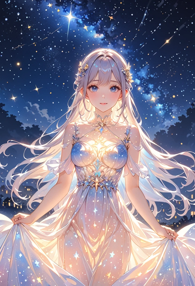 (Meisterwerk,beste Qualität,absurdesten,4k,8k,highres:1.3), girl wearing an Ätherisch translucent dress made of starry_Himmel_drucken, magisch, Fantasie, wunderlich, komplexe Zeichnung, sehr detailliert, Ätherisch, sternenklare Nacht, beschwingt,KI-generiert