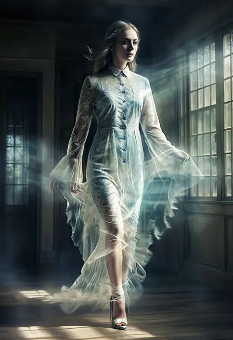double exposure photo illustration, A lady, a ghost maiden (transparency effect of the images of a ghost spirit facing her), per...