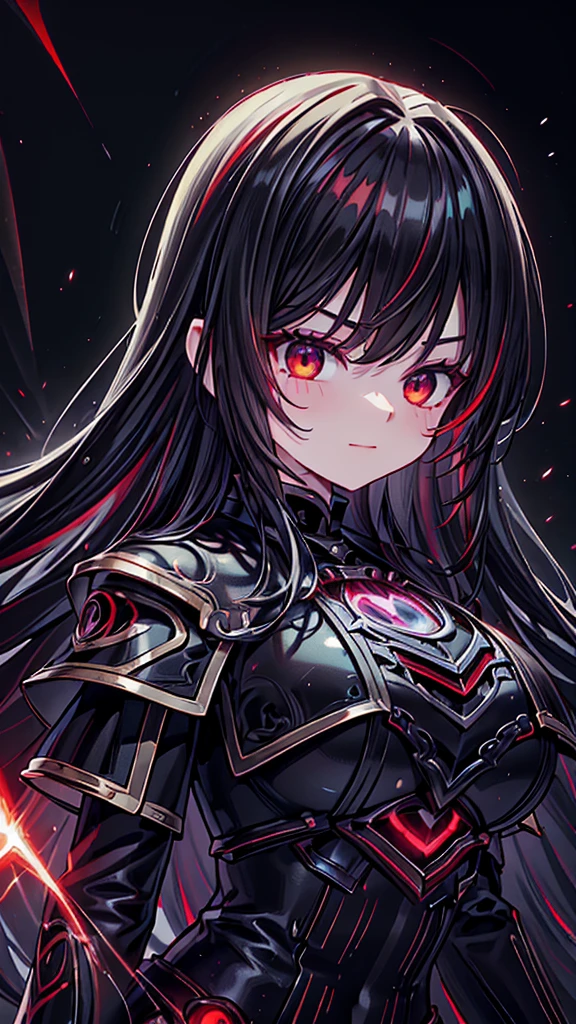 black background, red spotlight, ((lol: 1.2 + Galen: 1.3), realistic art style), HD, dynamic angle, (black hair: 1.2+ white hair: red hair: 1.2 ), long hair, real texture, fine details, green shiny metal armor with large black diamond on chest, summer, front light in the sun, sunset glow, mad ,ulblackholetech