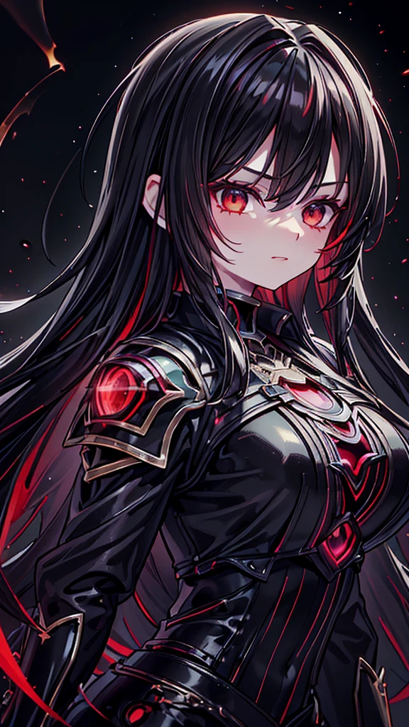 black background, red spotlight, ((lol: 1.2 + Galen: 1.3), realistic art style), HD, dynamic angle, (black hair: 1.2+ white hair: red hair: 1.2 ), long hair, real texture, fine details, green shiny metal armor with large black diamond on chest, summer, front light in the sun, sunset glow, mad ,ulblackholetech