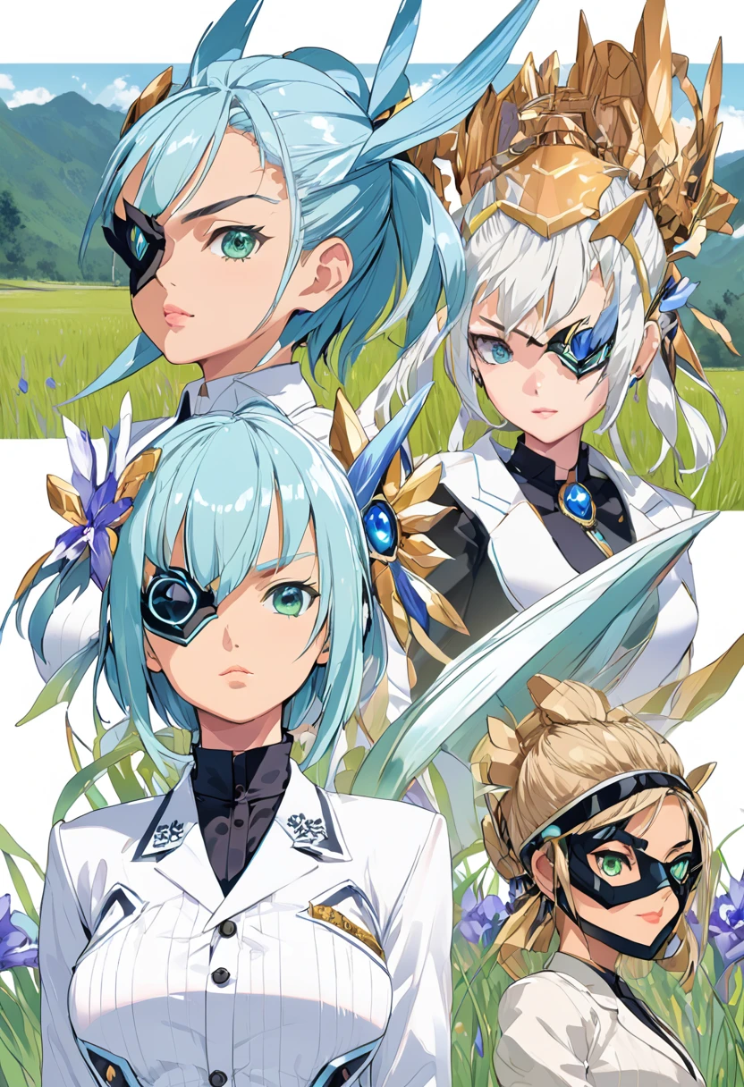 Mikumari \(Xenoblade\)masterpiece, Highest quality, ((1 person)),Blue Hair,Green Eyes,Serious expression, smile,Upper Body,Line art,Medium Hair,White blazer,Black T-shirt,Big Breasts,Bunhead,Two dumplings,Black Mask, Expressionless blue eyes,((Kubo Obito Style)) Detailed face, Face Focus, Are standing, Black Hair,(hair ornaments:1.35),office lady, Sleeves edged with ribbon, Removable sleeves, Ribbon trim, Wide sleeves, (View your audience:1.5) Long Hair, iris, bangs, lips,smile,grassland