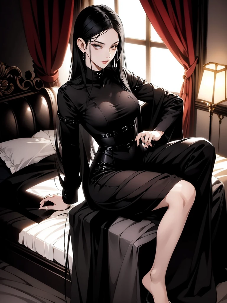 A long black hair girl, sitting on bed, wears student uniform, short skirt, luxury bedroom, detailed background, siren eyes, black eyes, (contemptuous), (judging), evil eyes, glossy lips, unbothered expression, judging expression, (judging), (arrogant), arrogant expression, evil girl, mean girl, villian, villianess, (elegant), (sexy), (devine), (brilliant), (splendid), tall, (mature), mature face, long face, mature body, rich lady, young lady, smart, honor student, top student, stunning, beautiful, aethereal, (1girl), full body, nipples, ( luxury bedroom), soft light, detailed(glow and shadow), cinematic lighting, best quality, extremely detailed, masterpiece