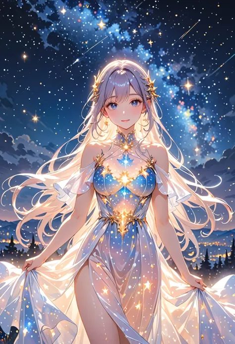 (Masterpiece,best quality,absurdres,4k,8k,highres:1.3), girl wearing an ethereal translucent dress made of starry_sky_print, mag...
