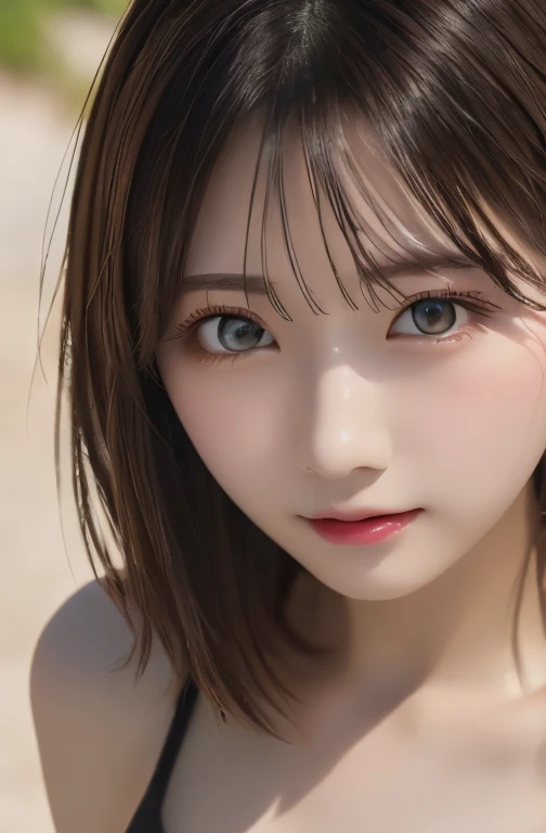 8K quality、Highest quality、（beautiful）、Detailed and precise eyes、Brown Hair、Beautiful face、Fine skin、looking at the camera、Larger breasts、Soft 、camisole、Head to waist、Shoot from above