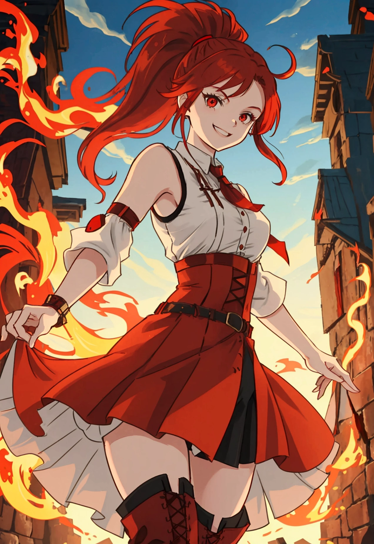 20 years old, long red hair, wears a ponytail, red eyes, always smiling. She dresses in an antique style, wearing a short brown skirt with black shorts underneath, ending above the knees. She wears knee-high brown boots. Her white blouse is sleeveless and features red details. She possesses fire powers and has a fire-themed background."