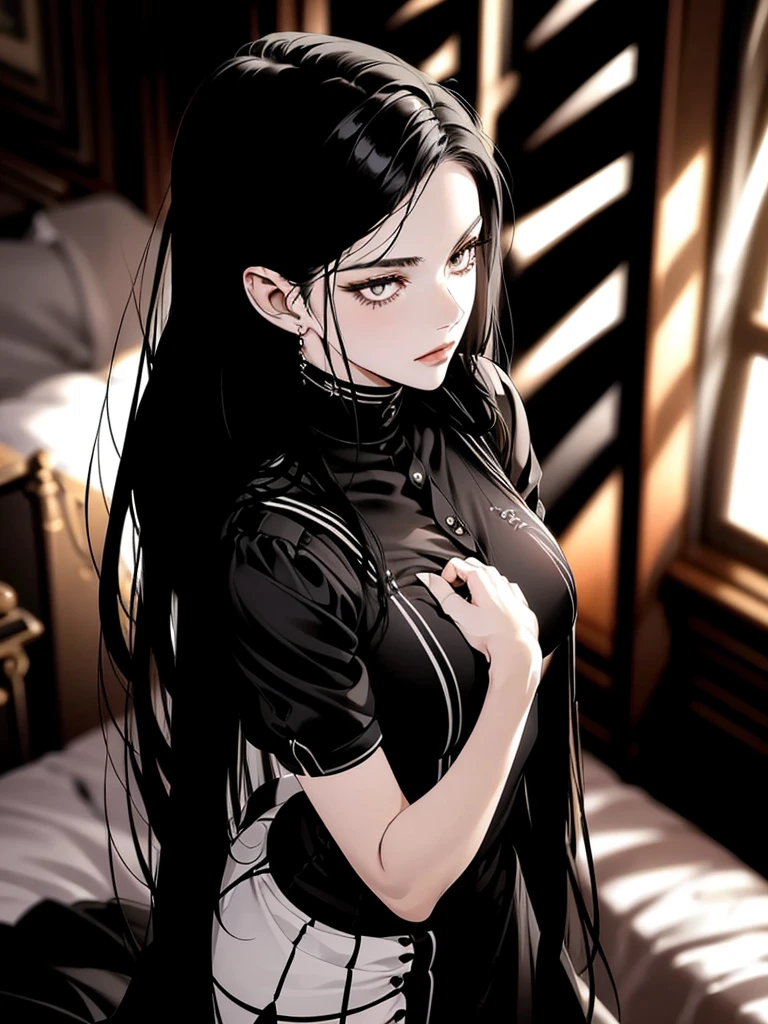 A long black hair girl, wears student uniform, on bed, dim luxury bedroom, detailed background, black eyes, (contemptuous), (judging), glossy lips, unbothered expression, judging expression, (judging), (arrogant), arrogant expression, evil girl, mean girl, villian, villianess, (elegant), (sexy), (devine), (brilliant), (splendid), tall, (mature), mature face, rich lady, young lady, stunning, beautiful, aethereal, (1girl), full body, (full body), nipples, (luxury bedroom), shadow, dim light, cinematic, highest quality, extremely detailed, masterpiece