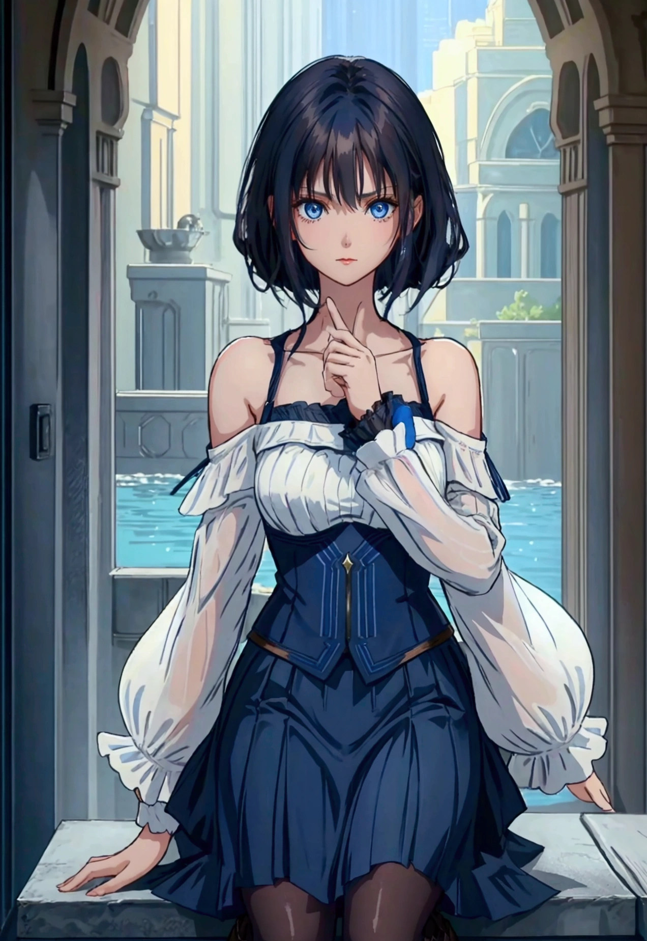 20 years old, with short dark blue hair to the shoulders, a serious yet tender expression, and bright light blue eyes. She dresses in an antique style, wearing a long dark blue skirt that reaches her knees, and small dark brown boots up to her ankles. Her white blouse is long-sleeved, covering her fingers slightly, and falls off one shoulder, leaving it exposed. She possesses water powers and has a water-themed background. 