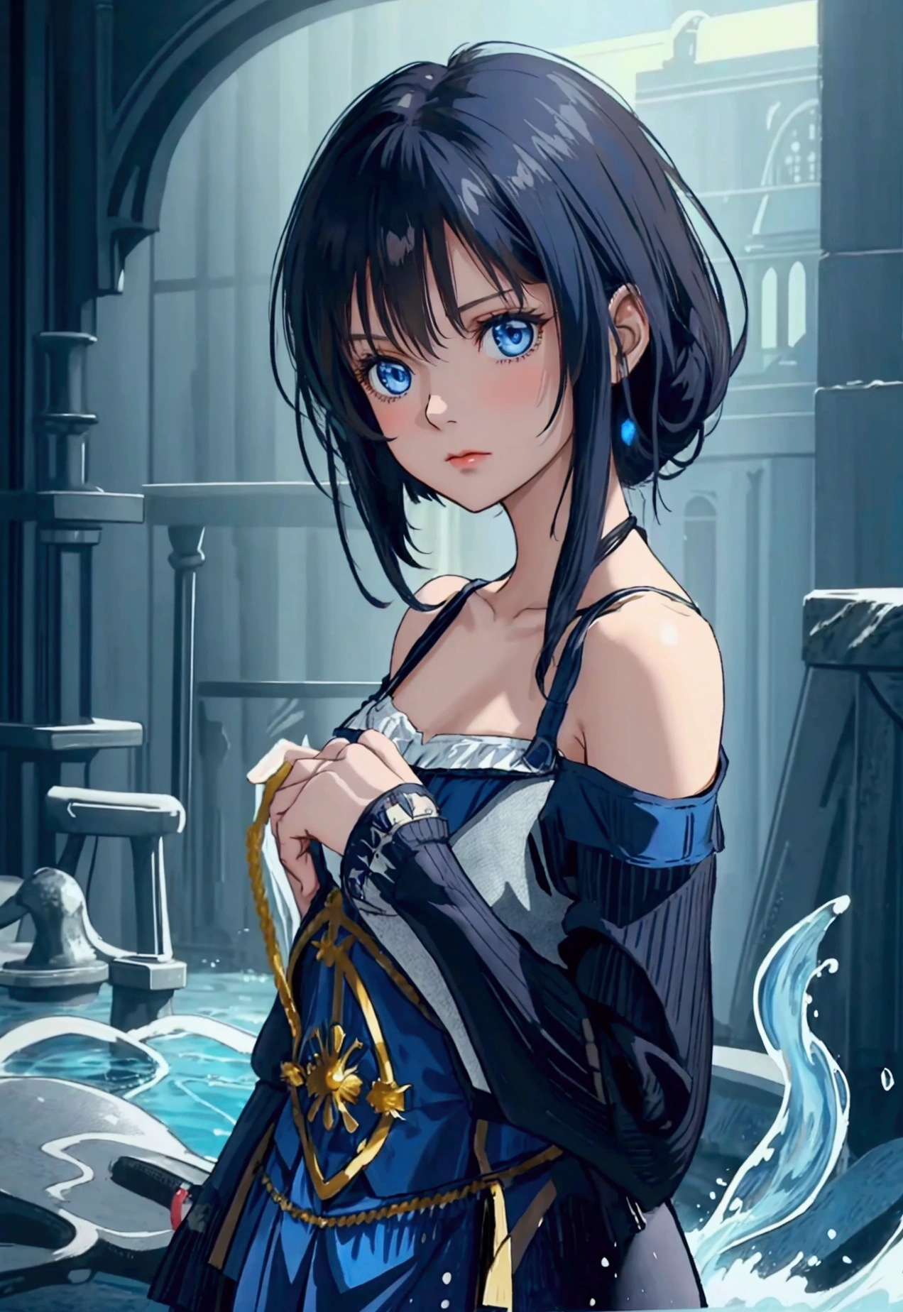 20 years old, with short dark blue hair to the shoulders, a serious yet tender expression, and bright light blue eyes. She dresses in an antique style, wearing a long dark blue skirt that reaches her knees, and small dark brown boots up to her ankles. Her white blouse is long-sleeved, covering her fingers slightly, and falls off one shoulder, leaving it exposed. She possesses water powers and has a water-themed background. 