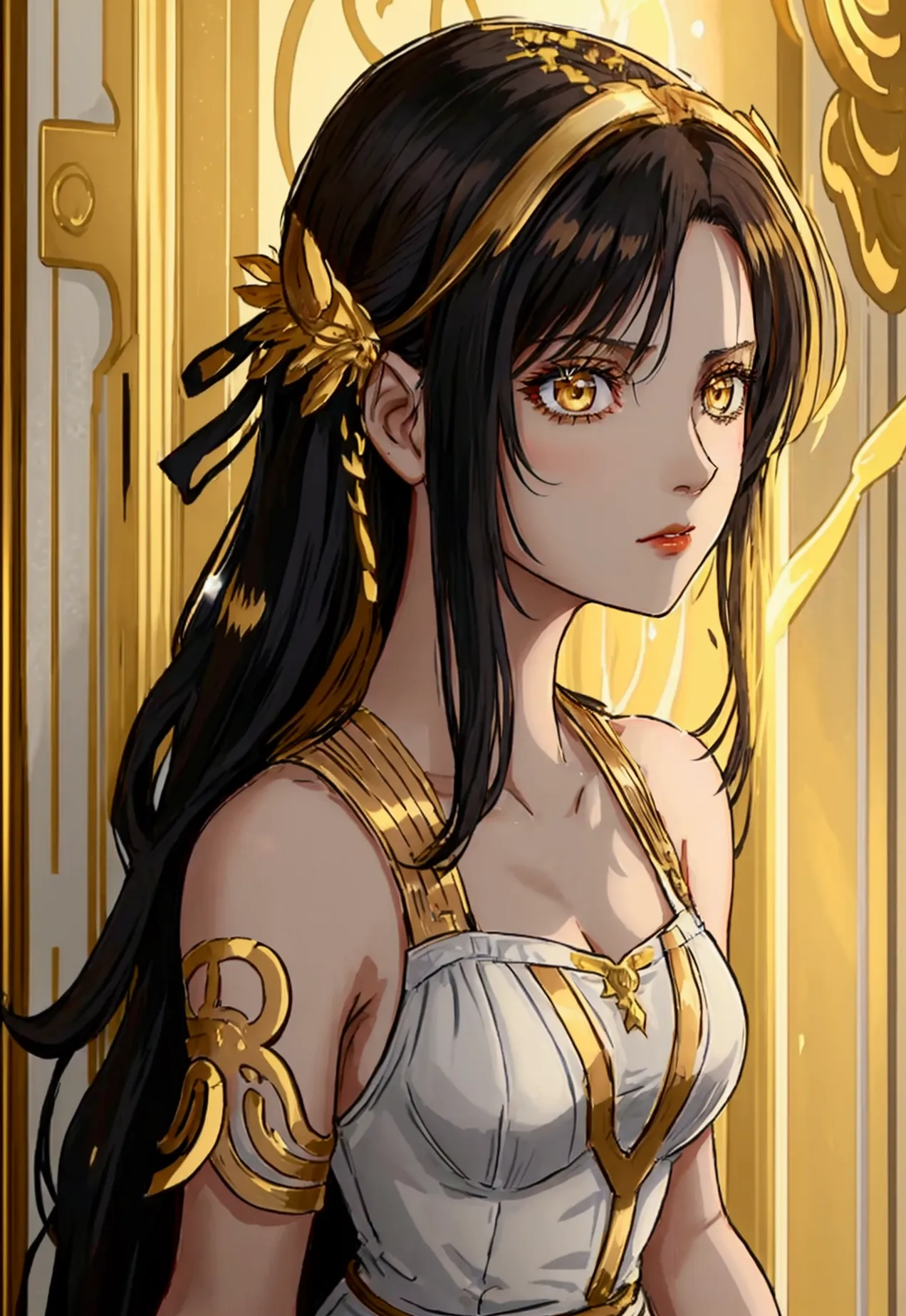 20 years old, with long black hair down to her waist, golden eyes. she wears jewelry and dresses in an antique style, donning a ...