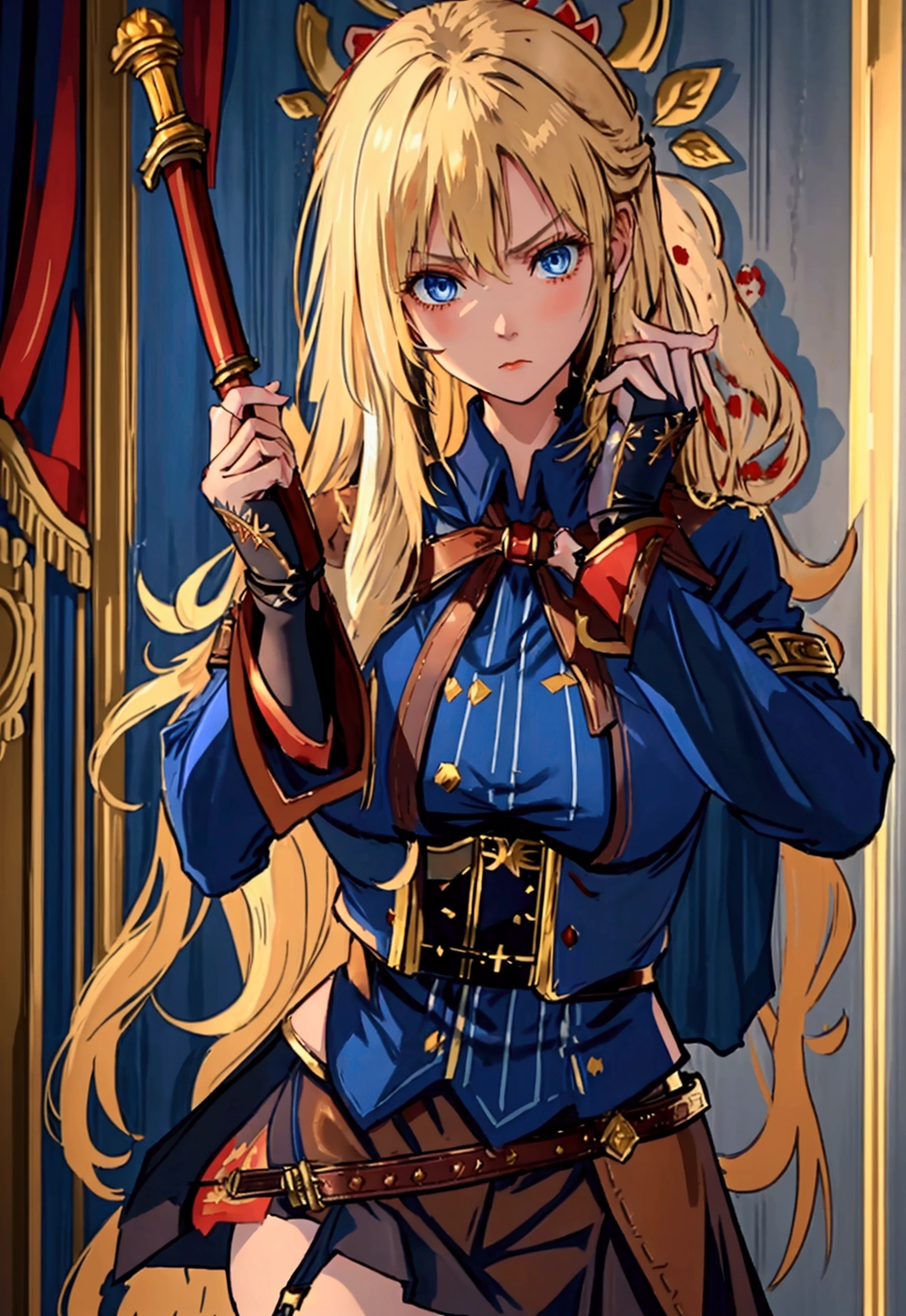 20-year-old girl, long blonde hair, blue eyes, angry expression, long dark blue skirt with gold embroidery at the hem, old-fashioned blue blouse with long fitted sleeves, adorned with red details, red leather gloves that reach her elbows, dark brown leather boots that reach mid-calf, leather belt adorned with a golden buckle and red details, her weapon is a huge greatsword with a gold and red decorated handle, hanging on her back in an ornate sheath. 