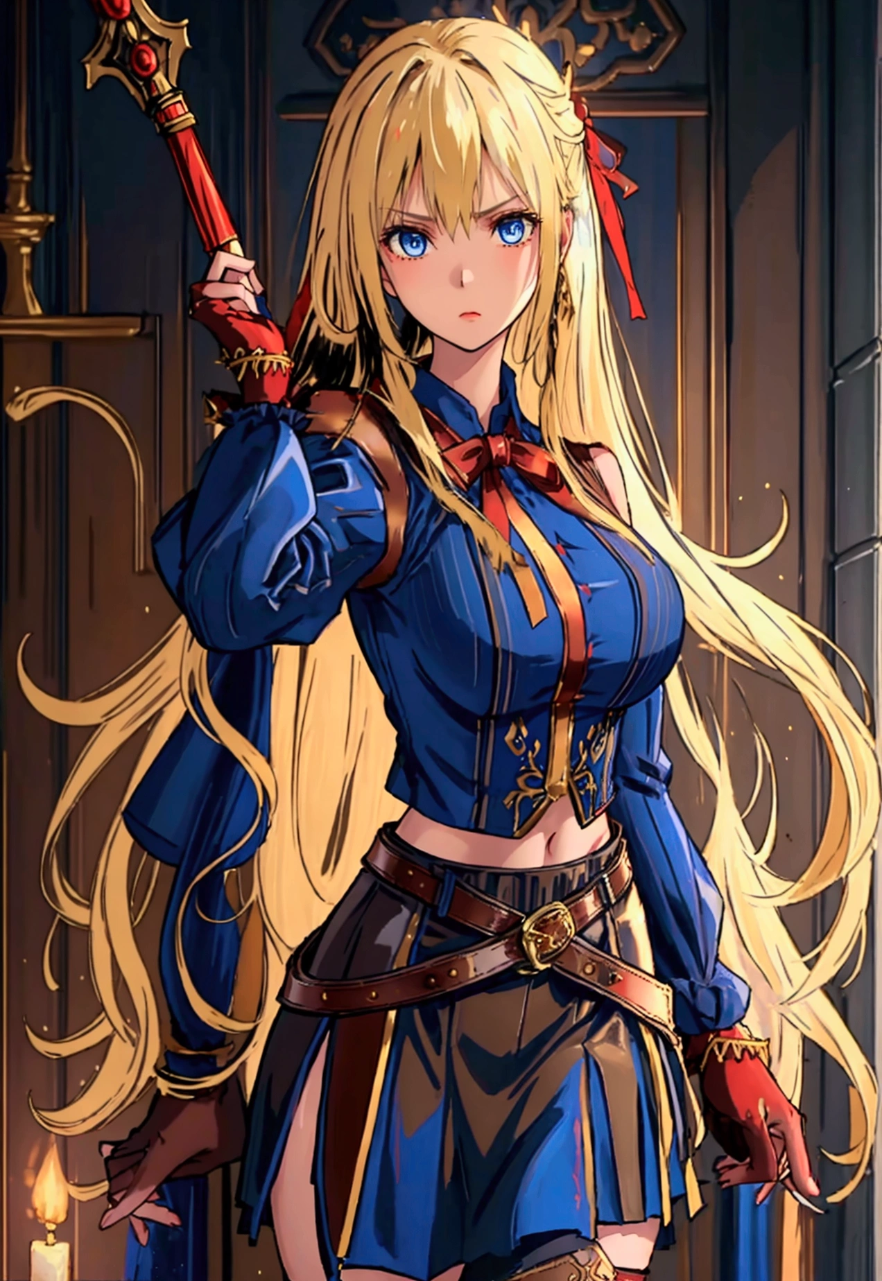 20-year-old girl, long blonde hair, blue eyes, angry expression, long dark blue skirt with gold embroidery at the hem, old-fashioned blue blouse with long fitted sleeves, adorned with red details, red leather gloves that reach her elbows, dark brown leather boots that reach mid-calf, leather belt adorned with a golden buckle and red details, her weapon is a huge greatsword with a gold and red decorated handle, hanging on her back in an ornate sheath. 