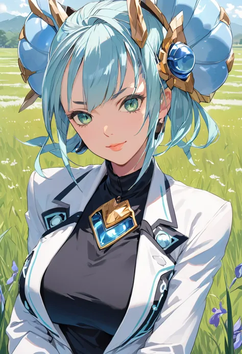 mikumari \(xenoblade\)masterpiece, highest quality, ((1 person)),blue hair,green eyes,serious expression, smile,upper body,line ...